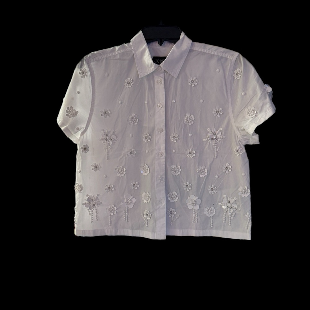 J Crew Collection White Blouse with Sequin & White Beads Flowers